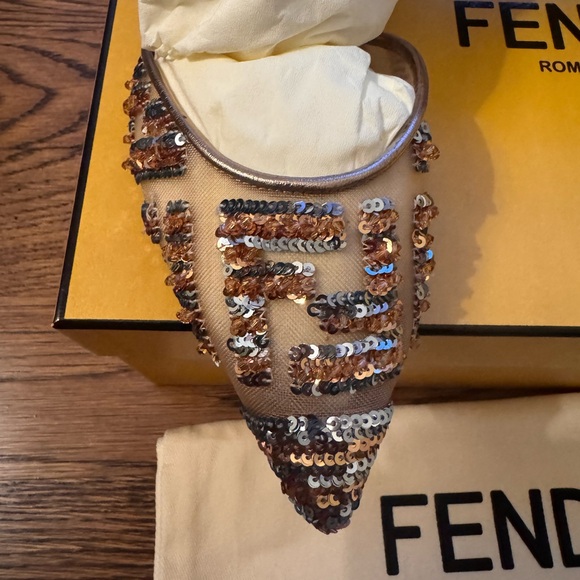 Fendi Tan metallic and Blue Embellished Kitten Heels - Picture 6 of 8